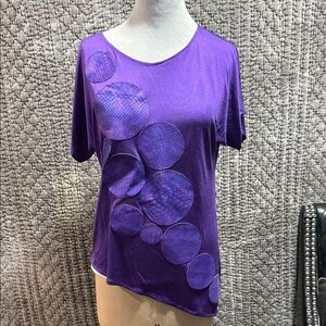 Vibrant Purple 100%Silk Short Sleeve Women's Top with Leather Circle Accents